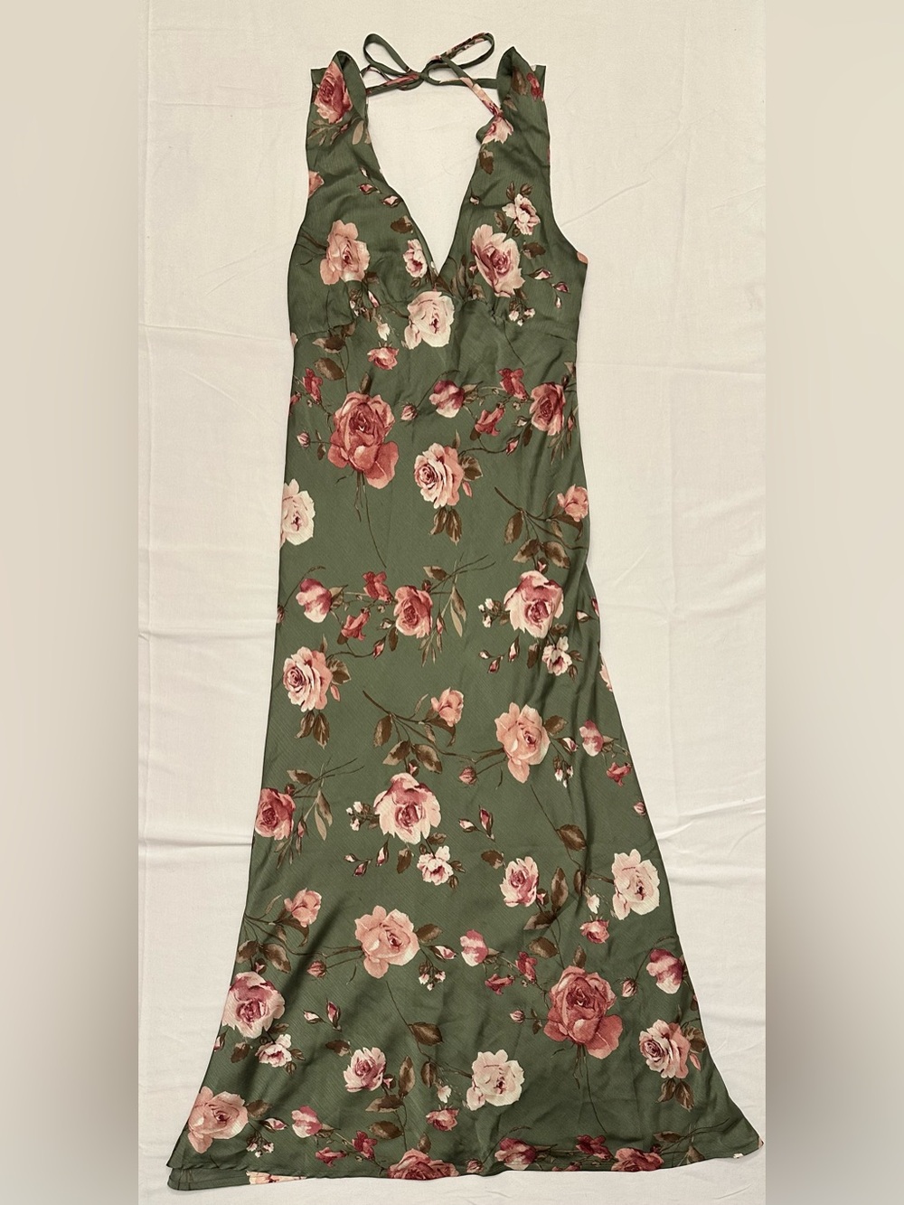 Olive Green Whimsical Romantic Floral Halter Maxi Slip Dress Pink Rose Print XL